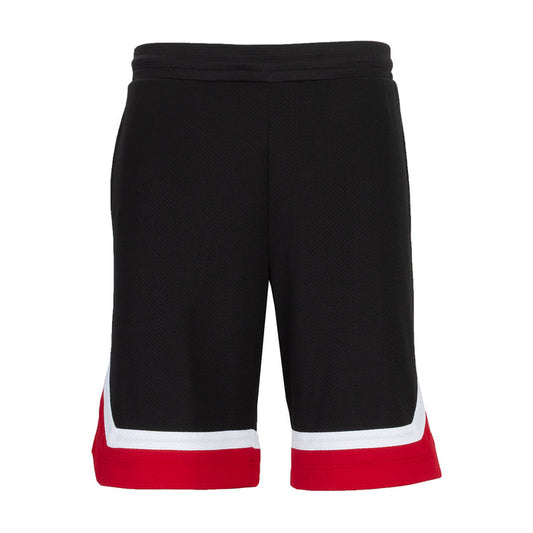Men's black basketball shorts with red-and-white hem trim, drawstring waist, mesh texture