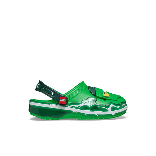 Kids green clog with white lightning graphic, ventilation holes, black heel strap