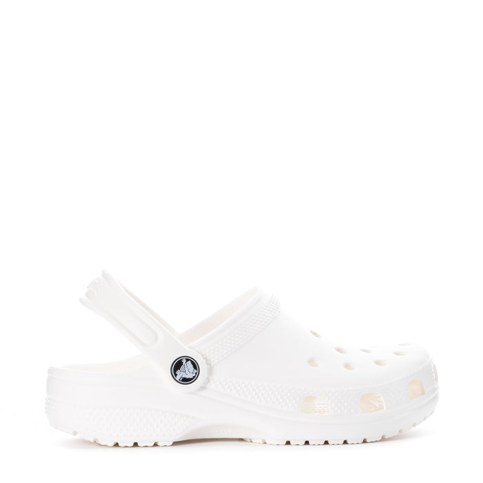 Kids' white clog with side vent holes, perforated upper, and logo patch