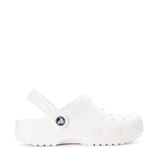 Kids' white clog with side vent holes, perforated upper, and logo patch