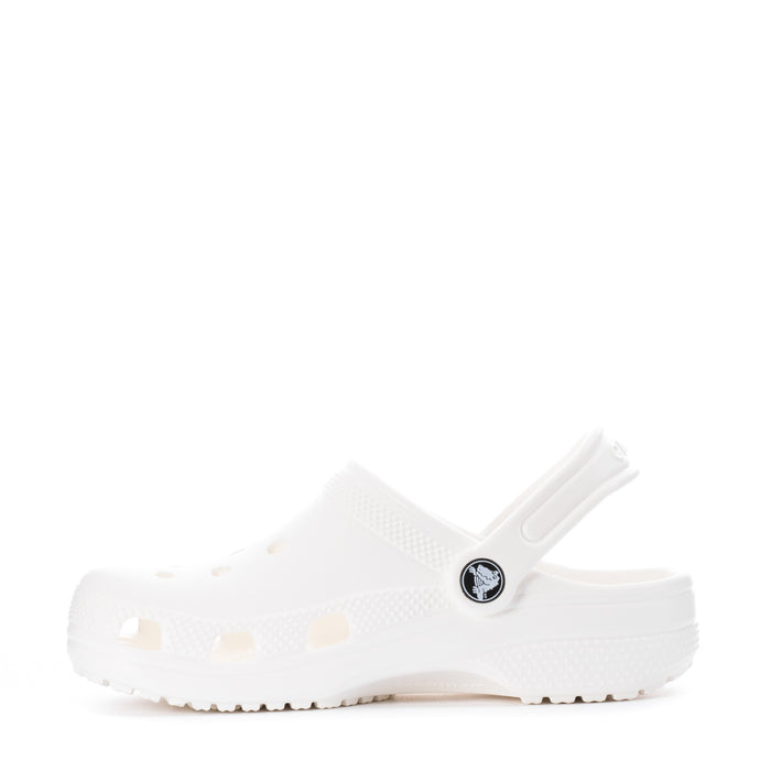 Kids' white clog in side view with adjustable strap and textured upper