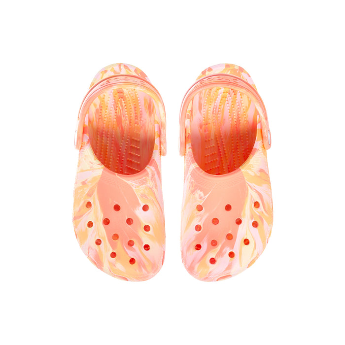 Pair of kids' clogs in pink-orange marble with textured footbed and circular traction pods