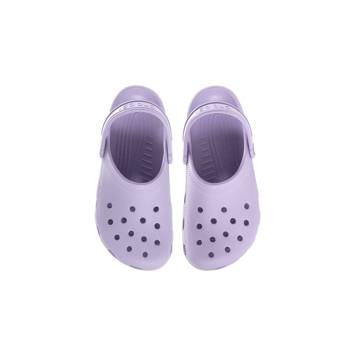 Kids' lavender clog with perforated upper and closed toe, top view