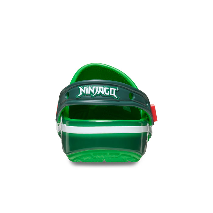 Kids green clog with NINJAGO logo on strap, ventilation holes on top