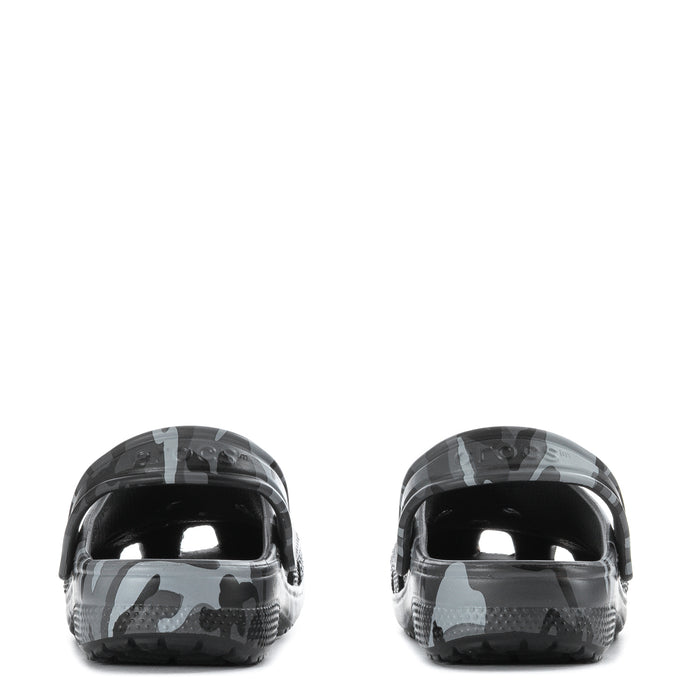 Kids camouflage clogs, slate gray, back view with heel openings