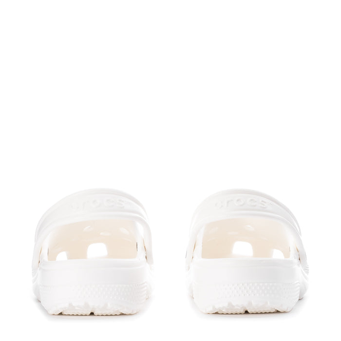 Kids' white clog heel view with textured back and molded heel detail