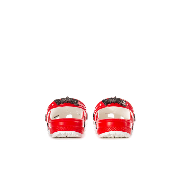 Kids' clogs with glossy red heel and white back panel, cushioned sole