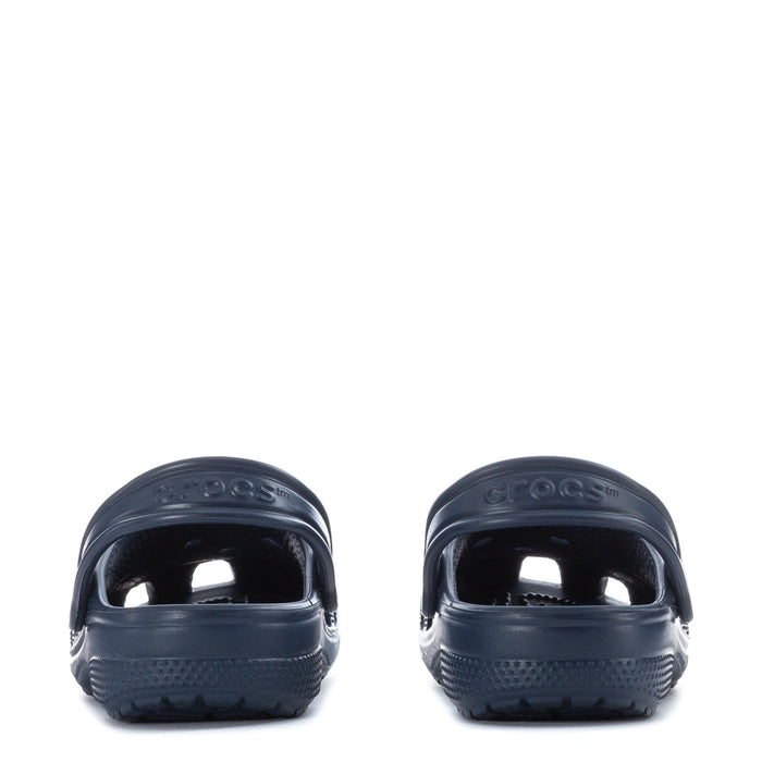 Kids' navy clogs with open heels and ventilation holes on the back