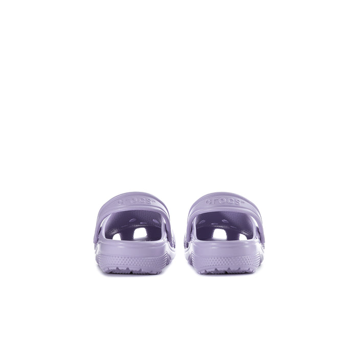 Kids' lavender clog, rear view with heel opening and textured back