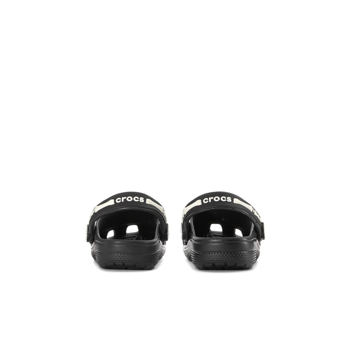 Kids' black clogs rear view with white crocs logo on heel and ventilation