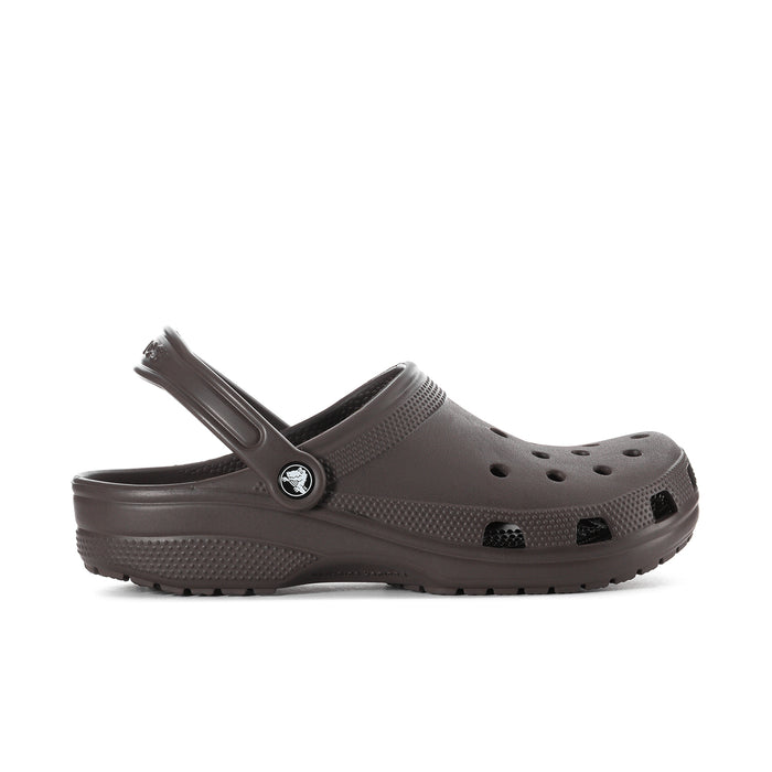 Espresso brown clog side view with heel strap, ventilation holes, and rugged tread sole