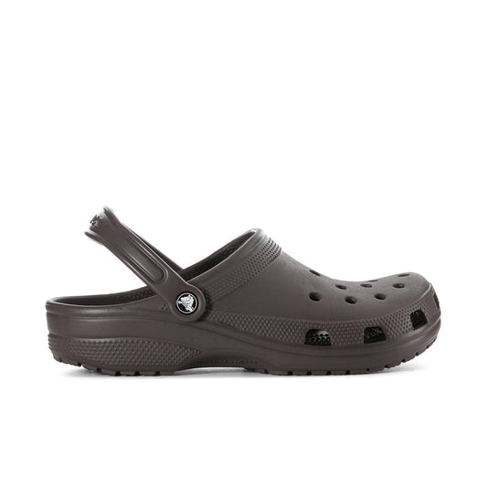 Espresso brown clog side view with heel strap, ventilation holes, and rugged tread sole