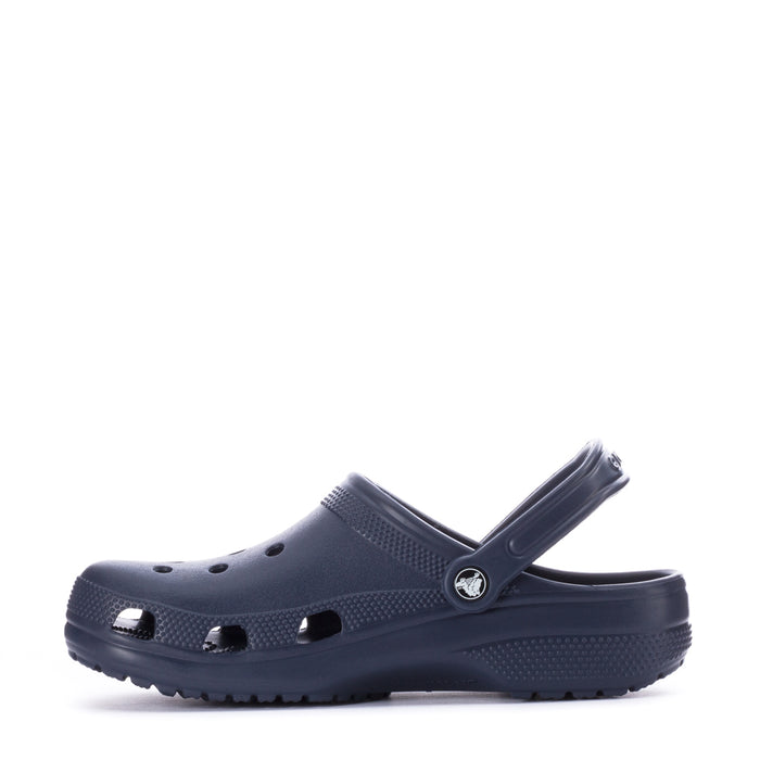 Navy men’s clogs, front view with ventilation holes and strap buckle