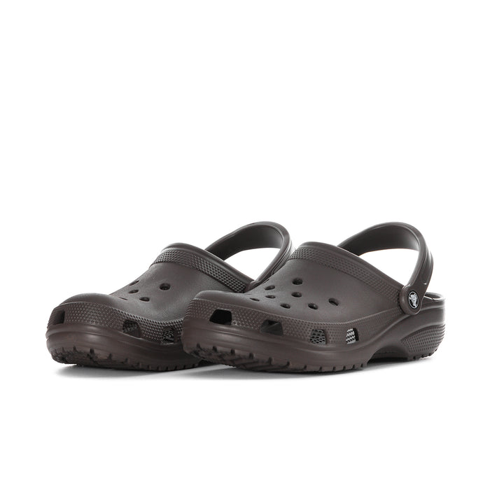 Espresso brown slip-on clogs with perforated top, adjustable band, and treaded outsole
