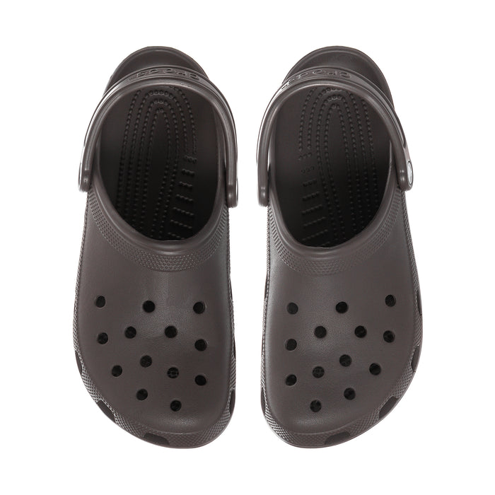 Espresso brown clog uppers with ventilation holes and adjustable heel back strap