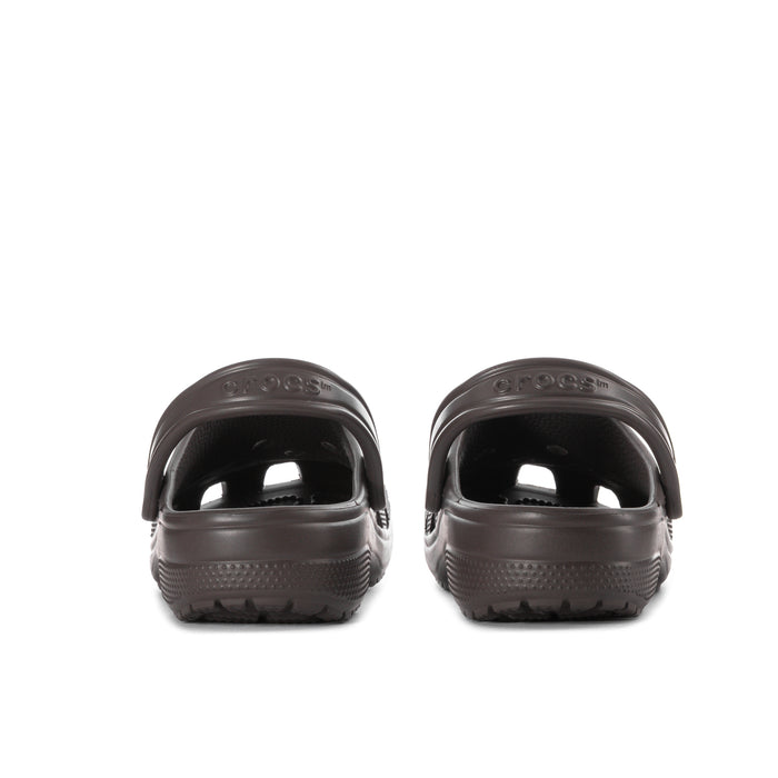 Espresso brown clogs rear view showing cushioned heel and textured back sole