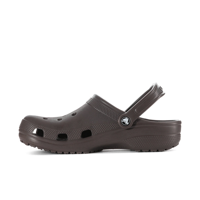 Espresso brown slip-on clog with perforated upper, adjustable heel strap, and traction sole