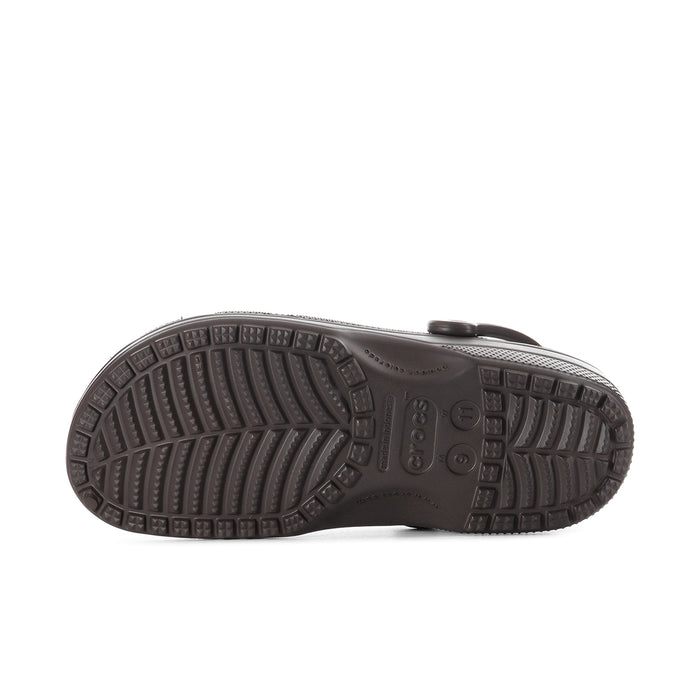 Men's espresso brown clog with perforations, adjustable strap, and textured rubber sole