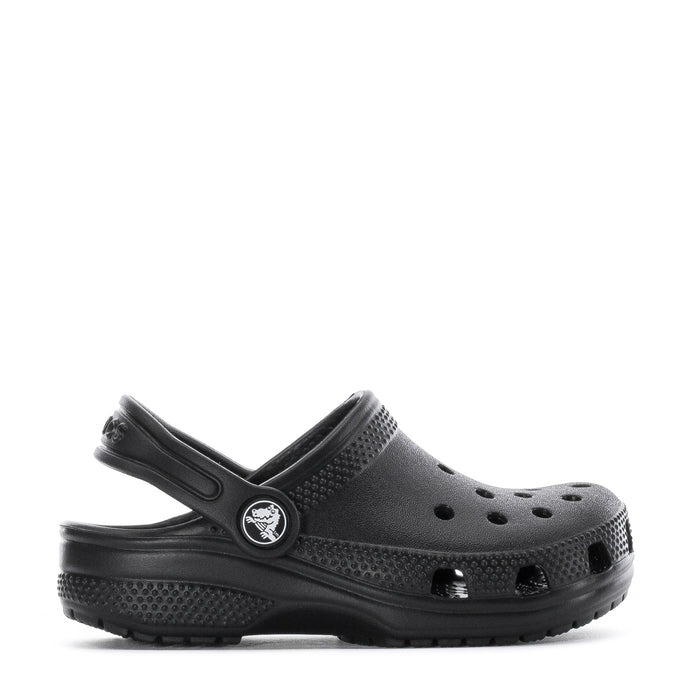 Black toddler clog with backstrap, round toe, and ventilation holes