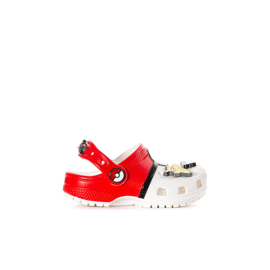 Toddler clog in red and white with cartoon Pokeball emblem and perforated design