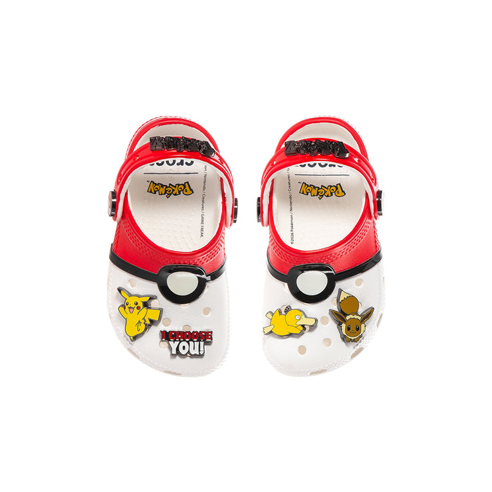 Toddler clogs showing inner lining with Pokemon graphics and adjustable heel straps
