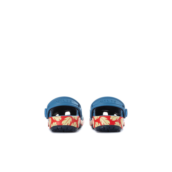 Toddler blue clogs back view with red flame heel band and heel strap
