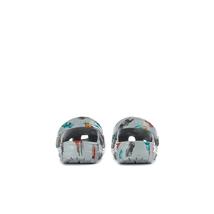 Toddler clog back view, light gray with race car print and heel strap
