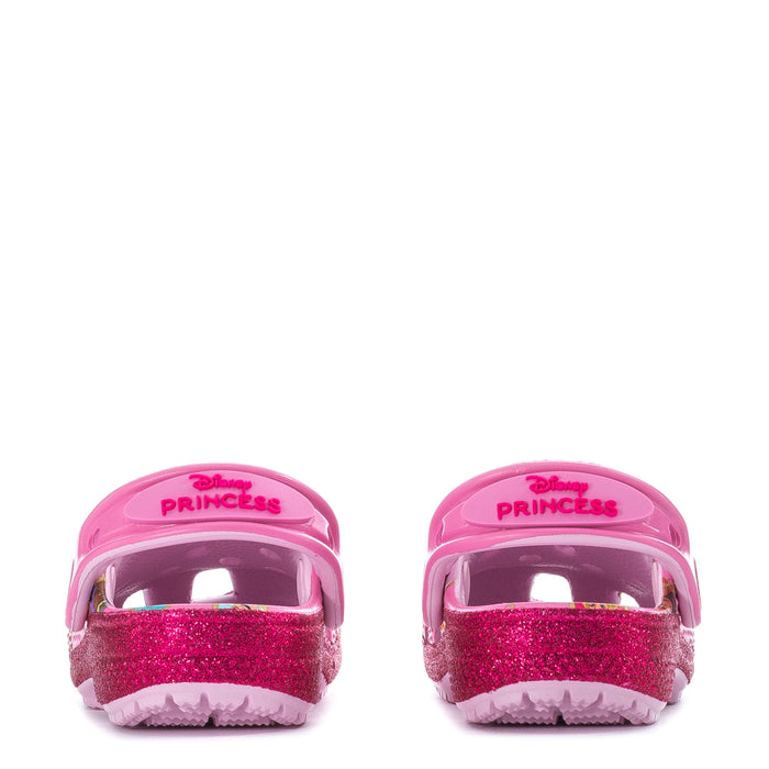 Toddler pink clogs showing Disney Princess heel badge and glitter heel panel
