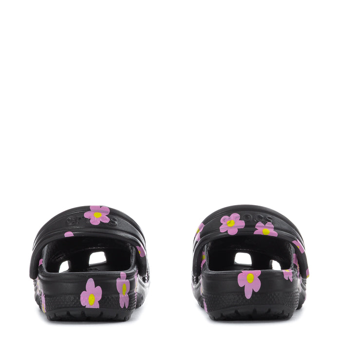 Toddler clog with pink flowers on black, back view of heel and strap