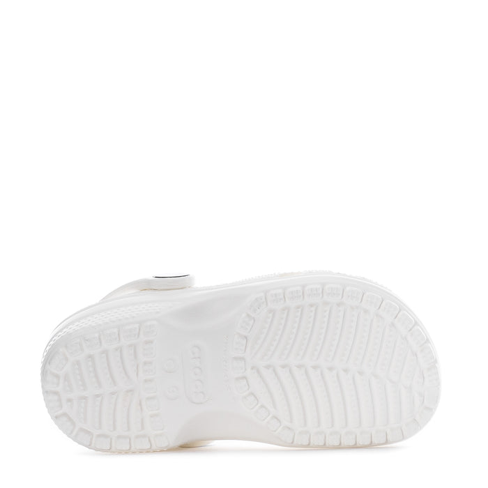 White toddler clog outsole tread view with grippy rubber pattern