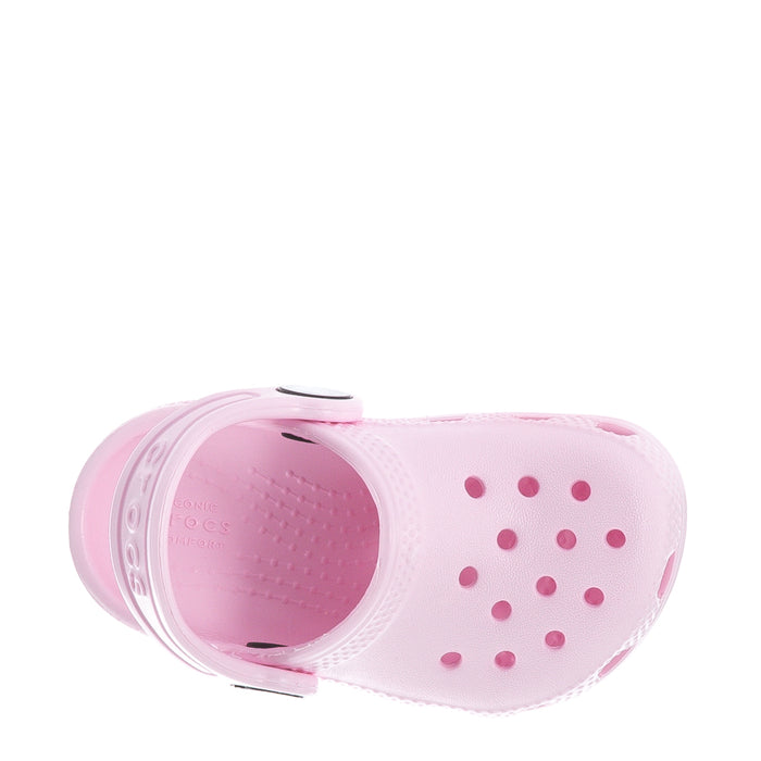 Pink toddler clog with open heel strap and bubble-dot ventilation pattern on upper