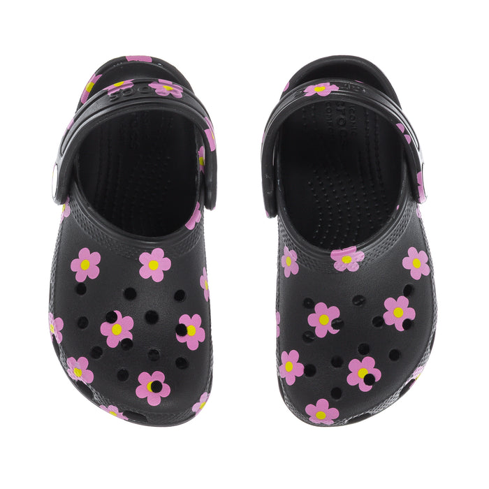 Toddler clog in black with pink flowers, front view showing open top