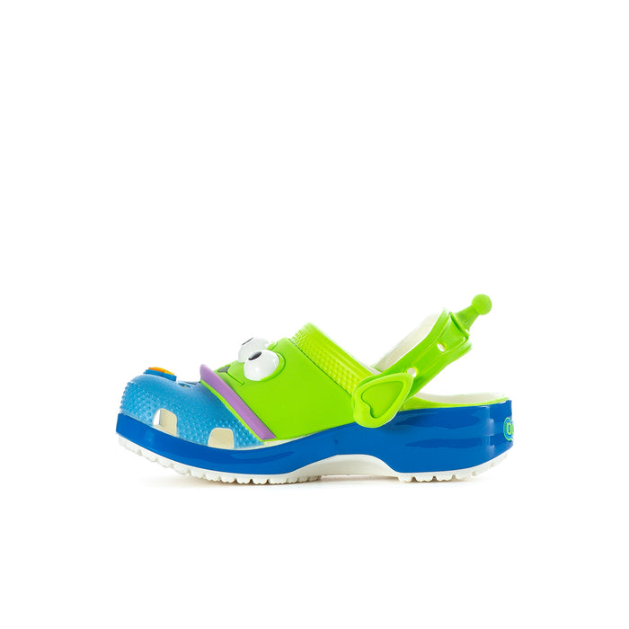 Toddler side view clog in green and blue with vented toe and back strap