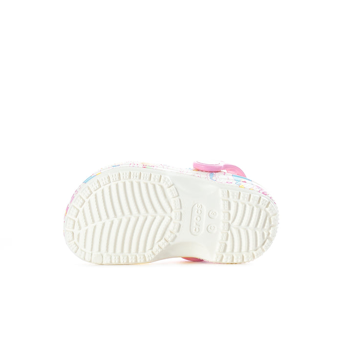 Toddler clog outsole, white tread with pink heel and multicolor upper edge