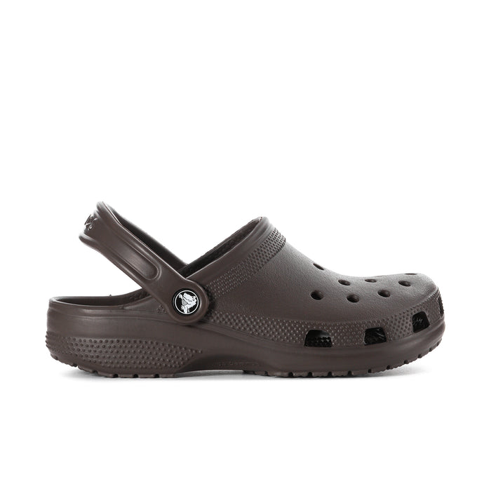 Women's espresso brown clog with perforated upper and side logo