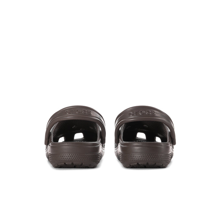 Women's espresso brown clog, rear view with ventilation holes