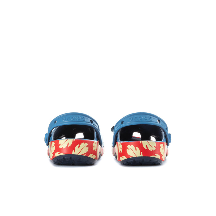 Women's blue cartoon clogs with red flame heel band and adjustable strap