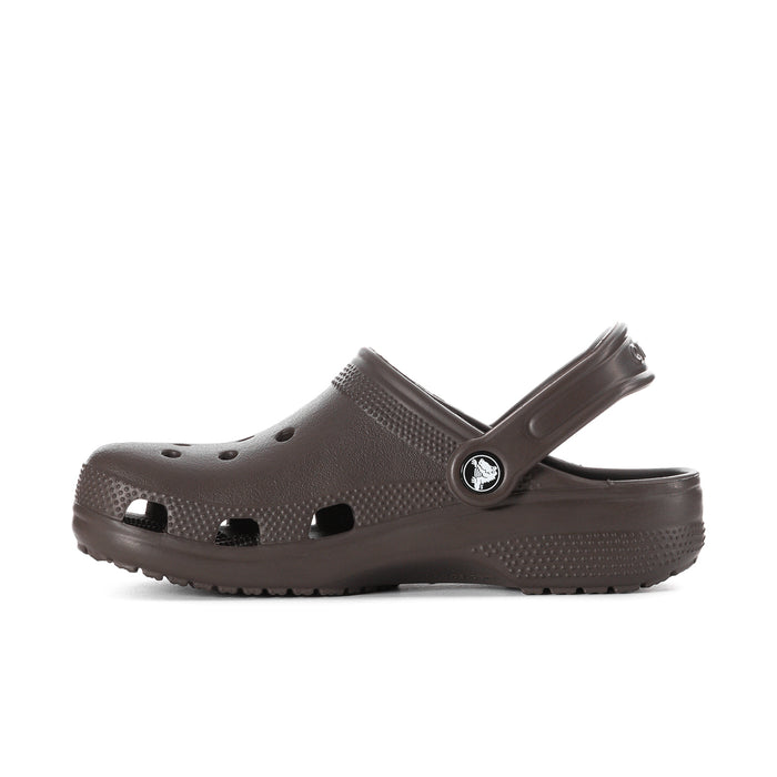 Women's espresso brown clog with perforated toe and side emblem