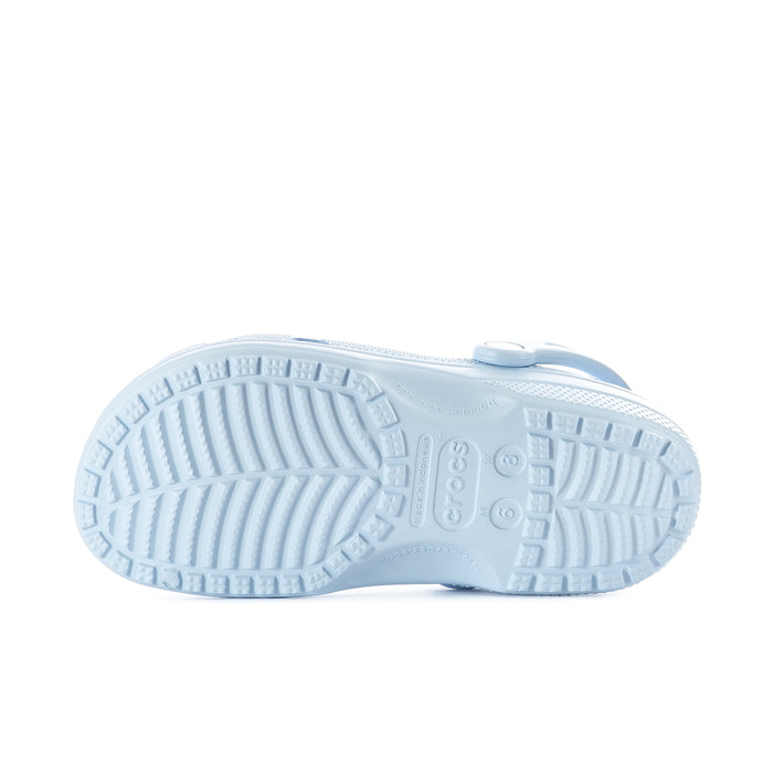 Blue clog outsole with textured traction grooves and molded tread pattern