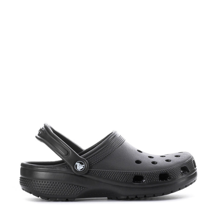 Youth black clogs with perforated upper, adjustable heel strap and circular logo buckle.