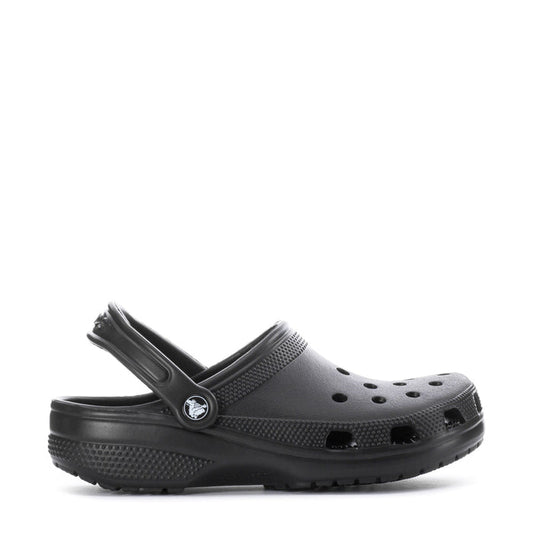 Youth black clogs with perforated upper, adjustable heel strap and circular logo buckle.