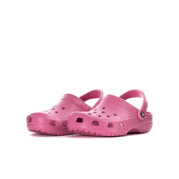 Youth pink clog, side view with perforations and comfort-style ankle strap