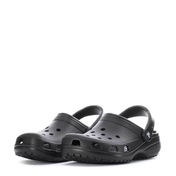 Youth black clogs, front view pair with heel strap and breathable perforation holes.