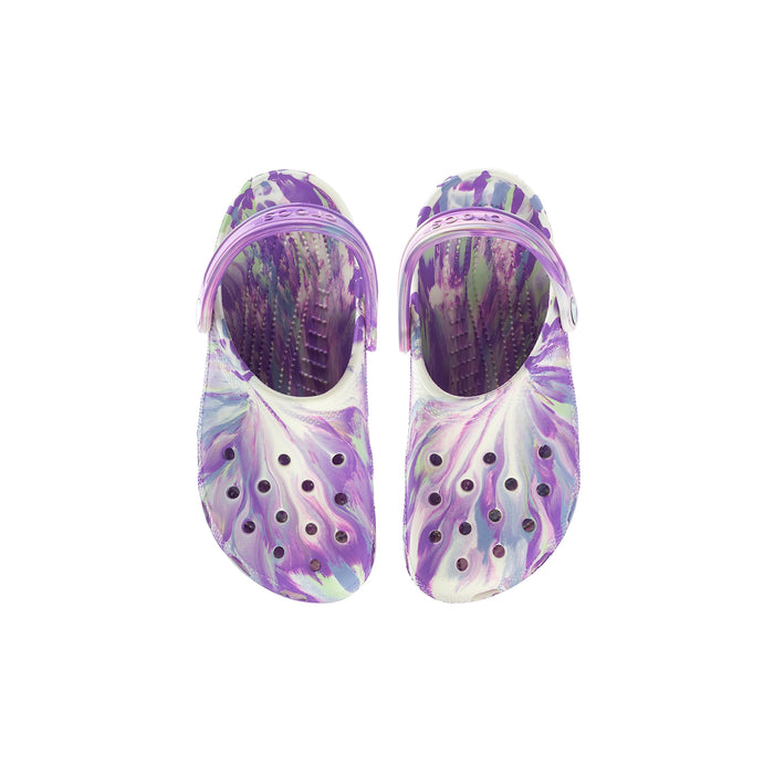 Pair of youth clogs, purple and white print with round ventilation holes