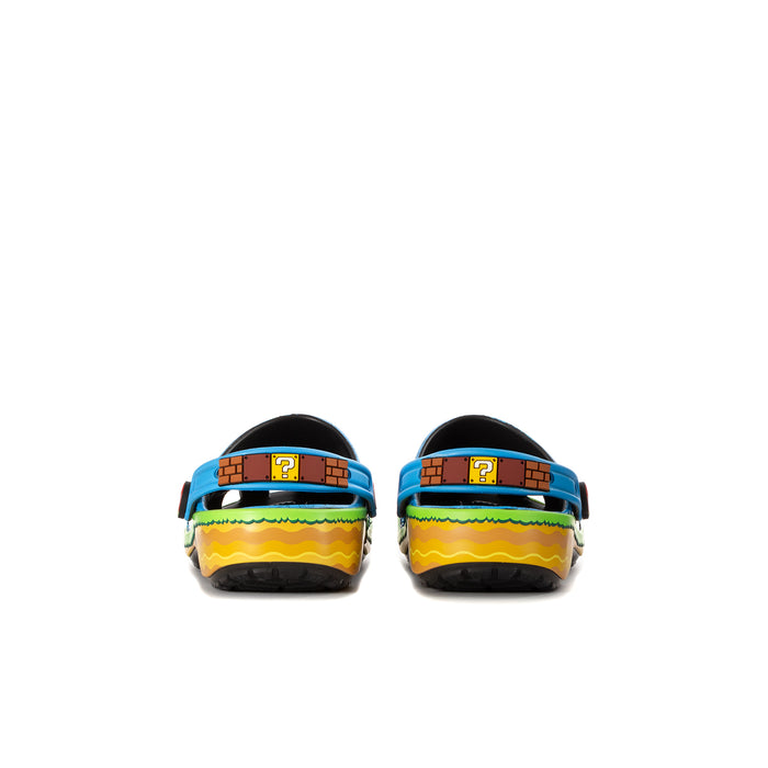 Pair of youth blue clogs with green/yellow heel bands and black back straps.