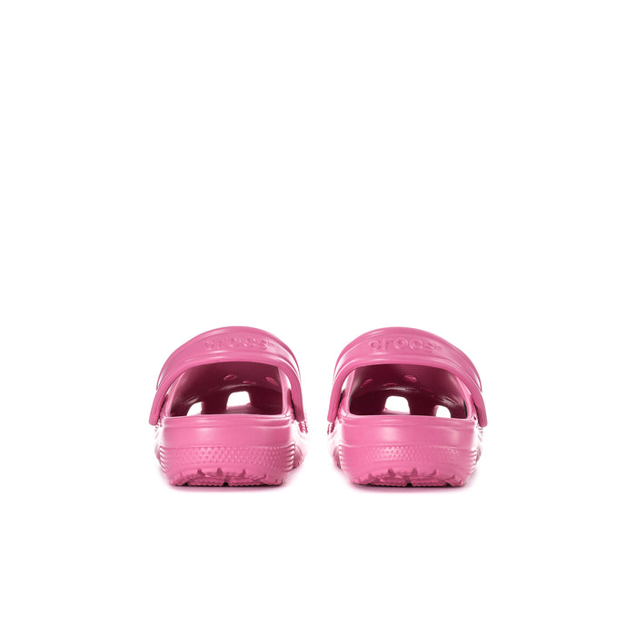 Youth pink clogs, back view with heel strap and textured traction sole
