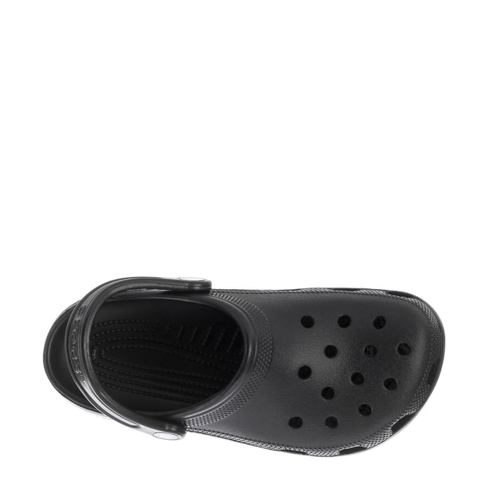 Youth black clog, open top with perforated side and textured insole ridges.