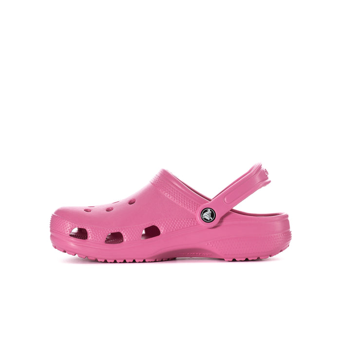 Youth pink clog, side profile with perforated upper and adjustable heel strap