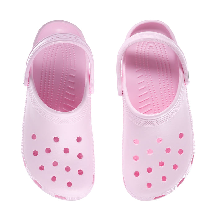 Light pink youth clogs with pink dot pattern on the upper