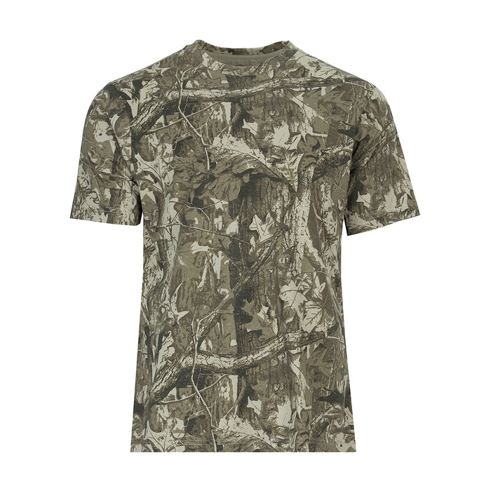 Men's tree camo crew-neck T-shirt with short sleeves, front full camo print